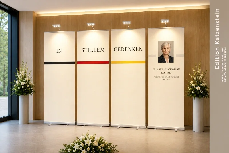 Vier aufsteckbare LED-Leuchten beleuchten ein vierteiliges Roll-Up-Gedenkset in einer modernen Trauerhalle