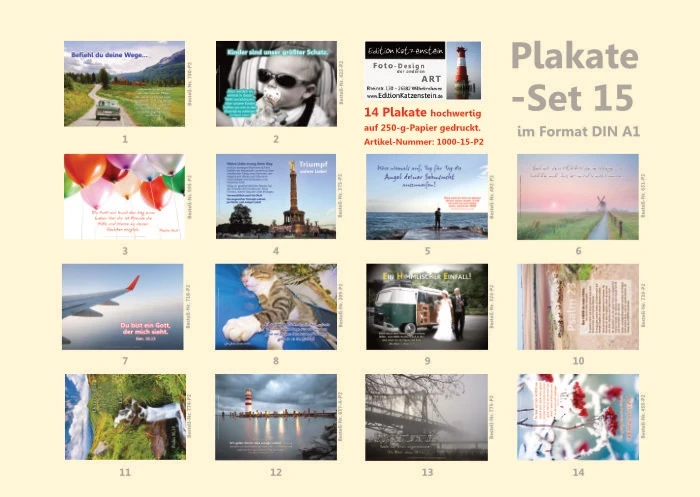 Übersicht der 14 christlichen Poster aus Set 15 im Format DIN A2 mit verschiedenen Motiven – darunter Naturaufnahmen, Bibelverse, Zitate und Szenen aus dem Alltag