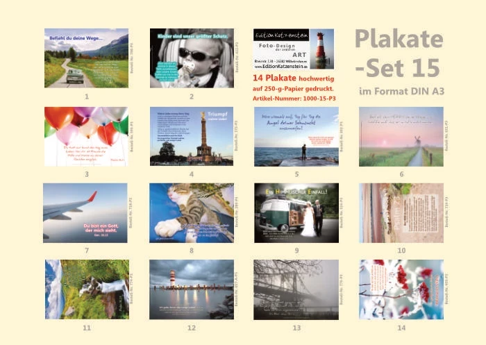 Übersicht der 14 christlichen Poster aus Set 15 im Format DIN A2 mit verschiedenen Motiven – darunter Naturaufnahmen, Bibelverse, Zitate und Szenen aus dem Alltag