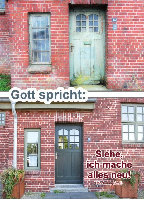 Symbolisches A2-Poster zur Jahreslosung 2026: oben abgenutzte, unten frisch renovierte Haustür mit Bibelvers Offenbarung 21,5 „Siehe, ich mache alles neu“.