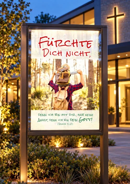 DIN-A1-Poster zur Jahreslosung 2027 im Schaukasten Beleuchteter Schaukasten vor einem Gemeindezentrum mit dem DIN-A1-Poster „Fürchte dich nicht“