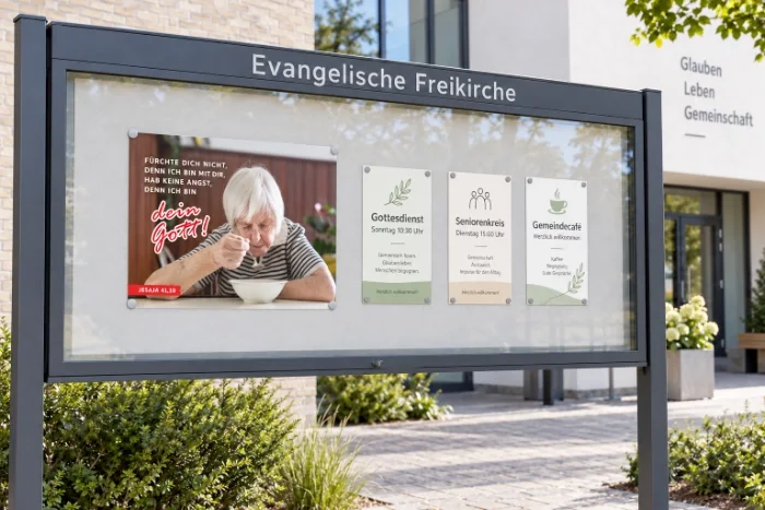 DIN-A1-Poster zur Jahreslosung 2027 neben Veranstaltungshinweisen im Schaukasten einer evangelischen Freikirche Das DIN-A1-Poster „Du bist nicht allein“ zur Jahreslosung 2027 in einem modernen Gemeindeschaukasten. Ideal zur Verbindung von biblischem Zuspruch und Einladungen zu Gottesdienst, Seniorenkreis und Gemeindecafé.