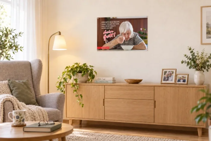 Poster zur Jahreslosung 2027 in DIN A1 im hellen Wohnzimmer einer älteren Person Das Poster zur Jahreslosung 2027 als tröstlicher Blickfang im Wohnzimmer einer älteren Person. Das Motiv erinnert im täglichen Leben an Gottes Gegenwart, Fürsorge und verlässlichen Beistand.Das Poster zur Jahreslosung 2027 als tröstlicher Blickfang im Wohnzimmer einer älteren Person. Das Motiv erinnert im täglichen Leben an Gottes Gegenwart, Fürsorge und verlässlichen Beistand.