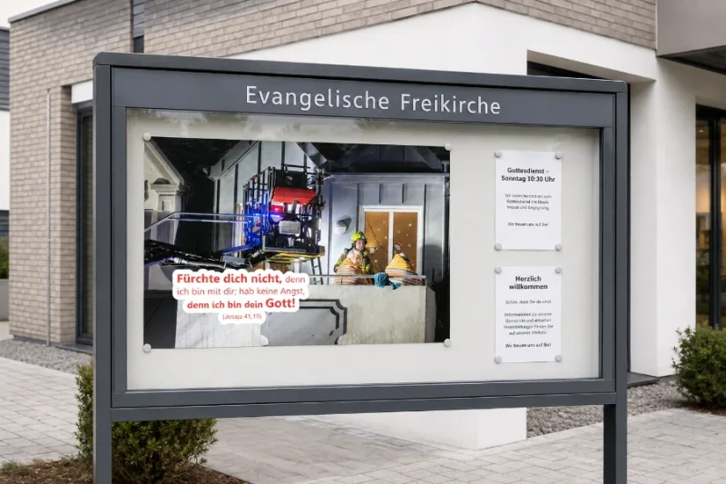 DIN-A1-Poster zur Jahreslosung 2027 im großen Schaukasten einer evangelischen Freikirche