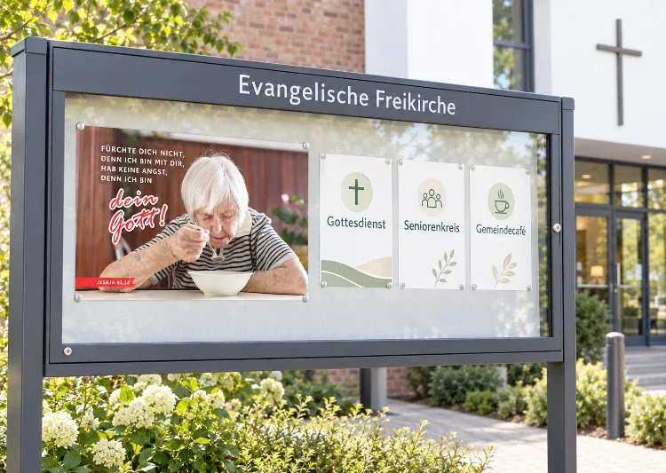 DIN-A2-Poster zur Jahreslosung 2027 neben Veranstaltungshinweisen im Schaukasten einer evangelischen Freikirche Das DIN-A2-Poster zur Jahreslosung 2027 in einem modernen Gemeindeschaukasten. Die Botschaft aus Jesaja 41,10 verbindet sich wirkungsvoll mit den Veranstaltungen der Gemeinde.