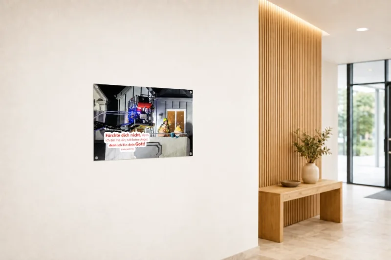 Jahreslosung 2027 als A2-Wandposter im Gemeindehaus DIN-A2-Poster zur Jahreslosung 2027 im modernen Foyer einer evangelischen Freikirche