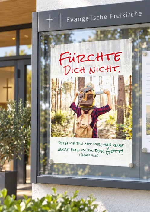 Poster ahreslosung 2027 im Schaukasten einer Freikirche DIN-A2-Poster zur Jahreslosung 2027 im modernen Schaukasten einer evangelischen Freikirche