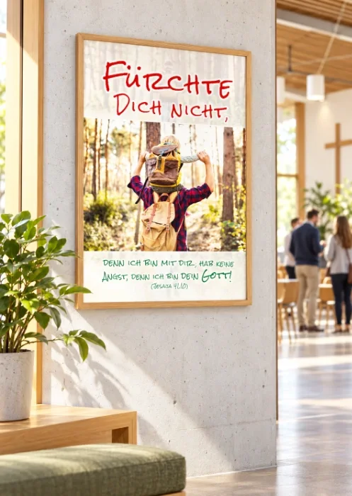 Poster A2 poster-a2-foyer-gemeindezentrum.pngJahreslosung 2027 im Foyer eines Gemeindezentrums Gerahmtes DIN-A2-Poster zur Jahreslosung 2027 mit Vater und Sohn im hellen Foyer eines Gemeindezentrums