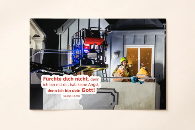 Jahreslosung 2027 als DIN-A4-Poster – Fürchte dich nicht, denn ich bin mit dir Poster Jahreslosung 2027 DIN A4 mit Feuerwehrmann und älterem Ehepaar bei einem Wohnungsbrand