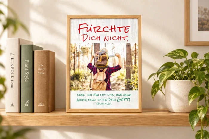 Poster zur Jahreslosung 2027 in DIN A4 im Holzrahmen Gerahmtes DIN-A4-Poster „Fürchte dich nicht“ auf einem Regal neben Büchern und einer Pflanze