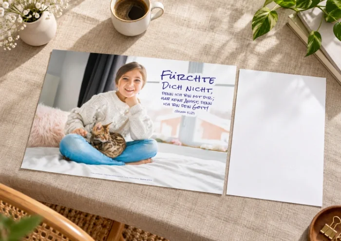 DIN-A3-Poster zur Jahreslosung 2027 mit Mädchen und Katze neben einem A4-Blatt auf einem Leinentisch