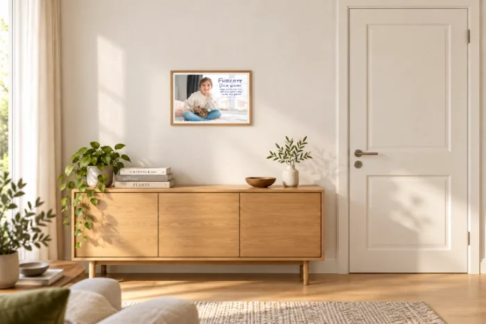 Gerahmtes DIN-A3-Poster mit Mädchen und Katze in maßvoller Größe über einem Holzsideboard