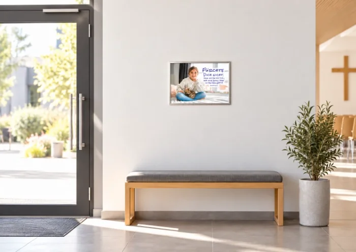 Kleines gerahmtes Poster zur Jahreslosung 2027 mit Mädchen und Katze über einer Bank im Gemeindefoyer einer FeG