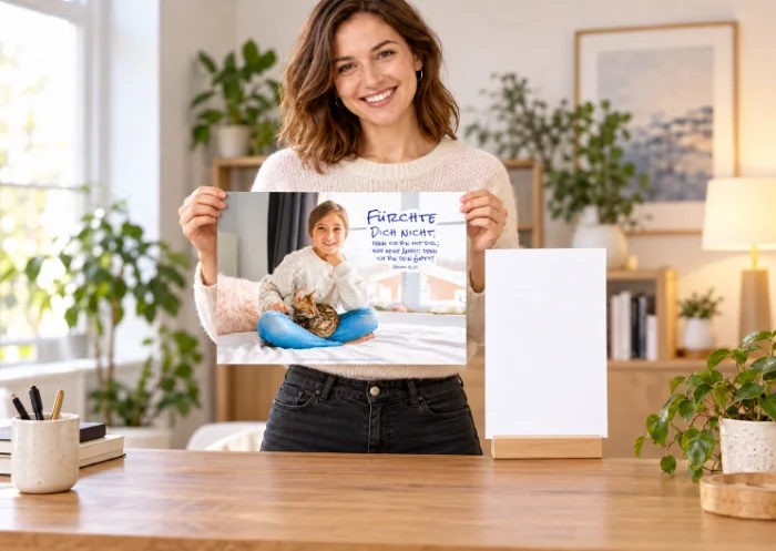 Frau hält das DIN-A3-Poster zur Jahreslosung 2027; auf dem Tisch liegt ein A4-Blatt als Größenvergleich