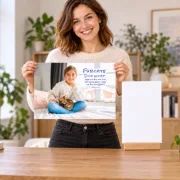 Frau hält das DIN-A3-Poster zur Jahreslosung 2027; auf dem Tisch liegt ein A4-Blatt als Größenvergleich