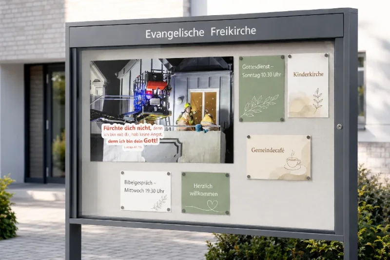 Jahreslosung 2027 als A3-Poster im modernen Gemeindeschaukasten A3-Poster zur Jahreslosung 2027 im Schaukasten einer evangelischen Freikirche - Edition Katzenstein