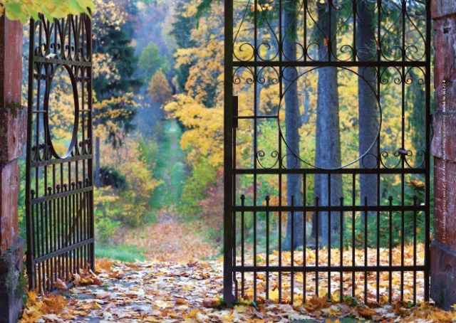 Herbstliches, geöffnetes Parktor mit warmen Farbtönen.