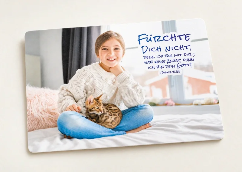 Postkarte Jahreslosung 2027 – Studioaufnahme - Edition Katzenstein - Infinity DIN-A6-Postkarte zur Jahreslosung 2027 mit Mädchen und Katze am Fenster, freigestellt auf hellem Hintergrund