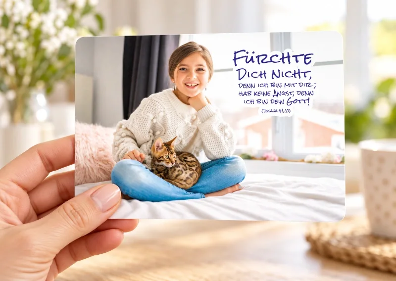 Postkarte Jahreslosung 2027 im Größenvergleich - Edition Katzenstein -Infinity Hand hält eine Postkarte im DIN-A6-Format mit Mädchen, Katze und der Jahreslosung 2027