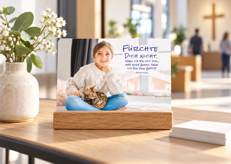 Jahreslosungskarte im Gemeindefoyer zur Jahreslosung 2027 - Postkarte A6 DIN-A6-Postkarte zur Jahreslosung 2027 in einem Kartenständer im Foyer einer Gemeinde