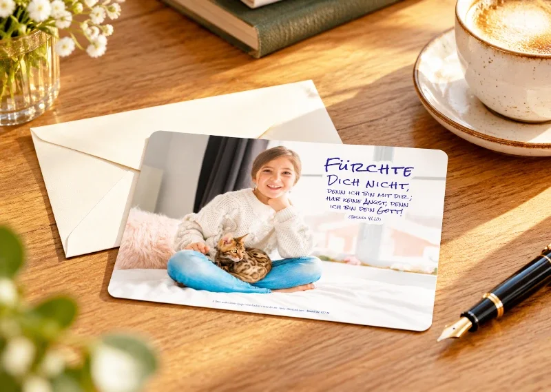 Ein persönlicher Gruß zur Jahreslosung 2027 - Postkarte in DIN A6 Postkarte zur Jahreslosung 2027 mit Mädchen und Katze neben Briefumschlag und Füller auf einem Schreibtisch