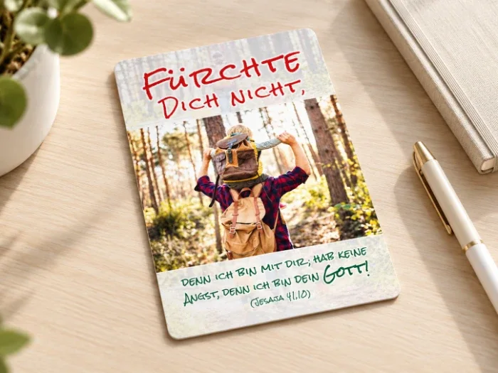 Produktfoto Postkarte Jahreslosung 2027 - Vater trägt Sohn Eine Postkarte zur Jahreslosung 2027 liegt auf einem hellen Schreibtisch, danben sind Schreibgeräte zu sehen.