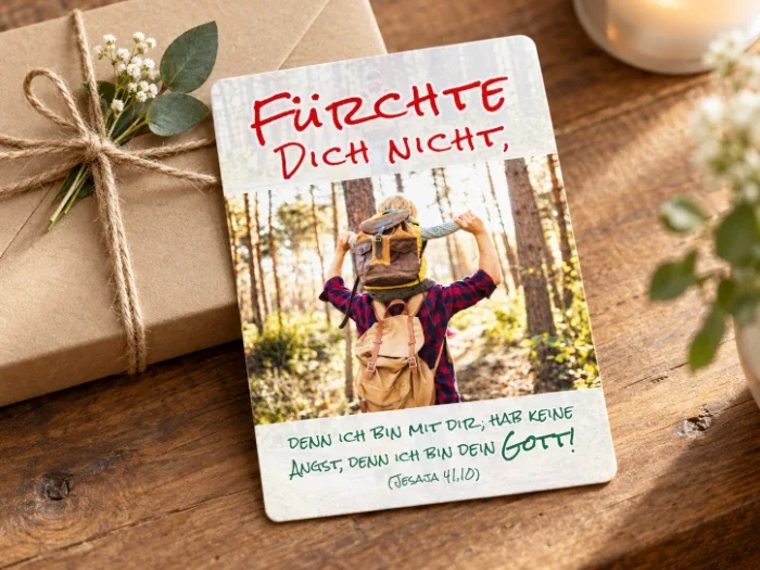 Christliche Postkarte - Jahreslosung 2027 - Vater trägt Sohn Ein Geschenk mit einer Postkarte zur Jahreslosung 2027 der Edition Katzenstein
