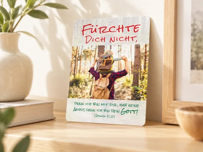 Christliche Postkarte der Edition Katzenstein zur Jahreslosung 2027 Christliche Postkarte zur Jahreslosung 2027 als Dekoration in einer modernen Wohnung
