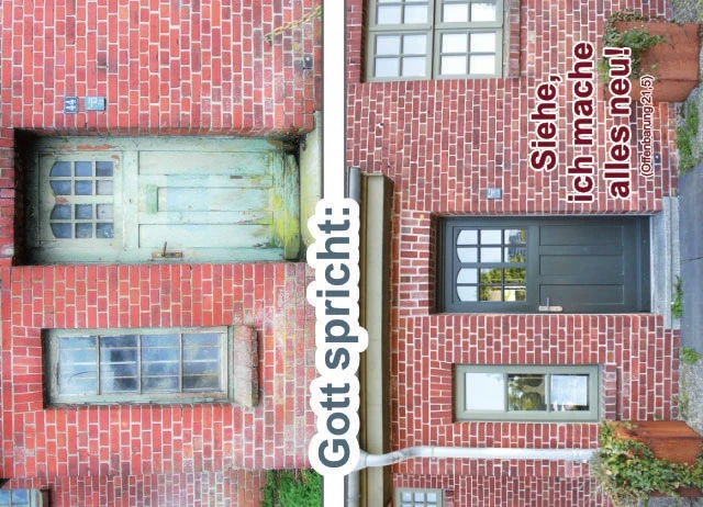 Postkarten Jahreslosung 2026 100er-Pack „Verwitterte und renovierte Haustür“