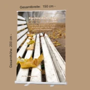 Roll-Up-Display mit herbstlicher Szene: gelbe Blätter auf weißer Parkbank, Bibelvers Jesaja 41,10: „Fürchte dich nicht…“ – Trostvolles Motiv für Abschied, Trauer oder Ermutigung – 150 x 200 cm