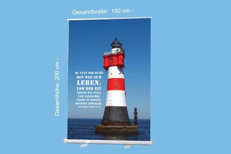 Christliches Roll-Up mit Leuchtturm Roter Sand und Bibelvers Psalm 16,11: „Du tust mir kund den Weg zum Leben …“ – Format 150 x 200 cm