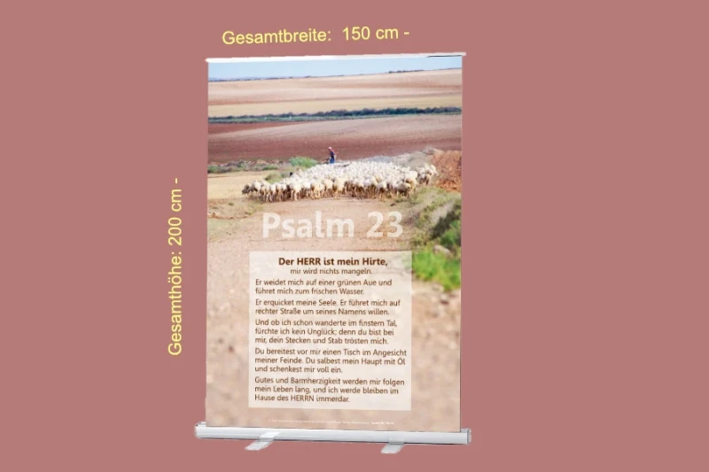 Christliches Roll-Up mit Psalm 23 in voller Länge – Motiv: Hirte mit Schafherde in weiter Landschaft – Format 150 x 200 cm