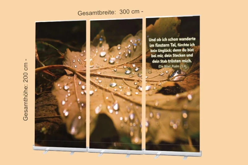 Roll-Up-Display mit Nahaufnahme eines nassen Herbstblatts – Bibelvers Psalm 23,4: „Und ob ich schon wanderte im finsteren Tal…“ – Trostvolles Motiv in gedeckten Erdtönen – 300 x 200 cm