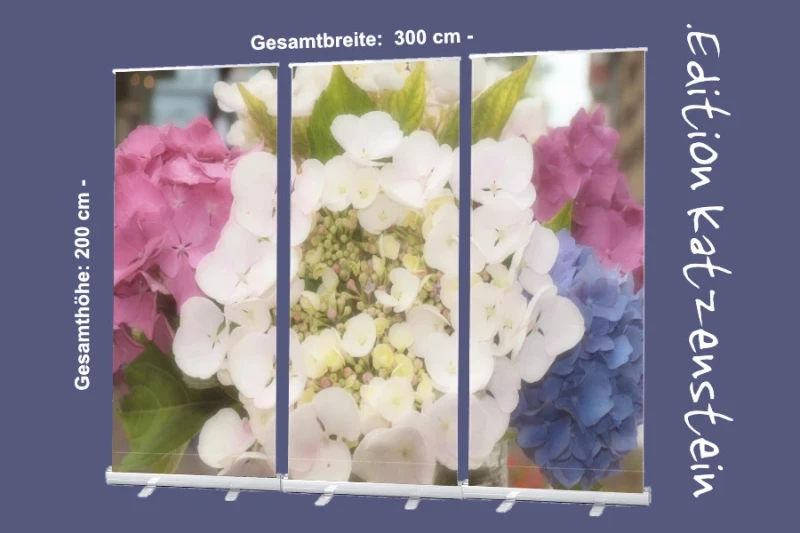 Bestatterbedarf: Roll-Up Display "Hortensienblüten" Dekoration Trauerhalle