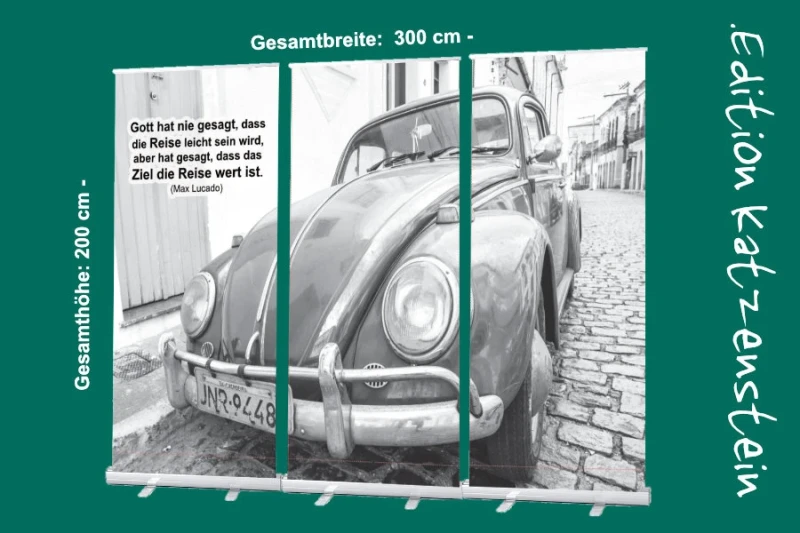 Christliches Roll-Up-Display mit Motiv eines VW Käfers am Straßenrand – 3er-Set zur Dekoration von Trauerhallen (300 x 200 cm)