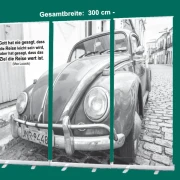 Christliches Roll-Up-Display mit Motiv eines VW Käfers am Straßenrand – 3er-Set zur Dekoration von Trauerhallen (300 x 200 cm)
