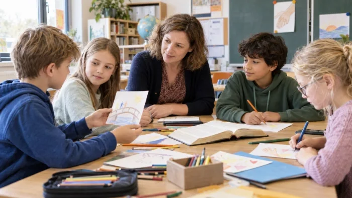 Vier Grundschulkinder gestalten mit ihrer Lehrerin Mutmachkarten; auf dem Tisch liegt eine aufgeschlagene Bibel.