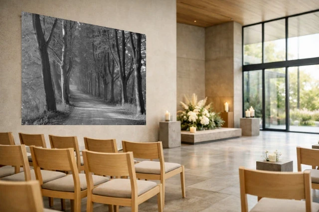 Schwarzweißes Wandbanner mit Baumallee über einem Sarg in heller Trauerhalle, umgeben von Stuhlreihen und Blumenschmuck