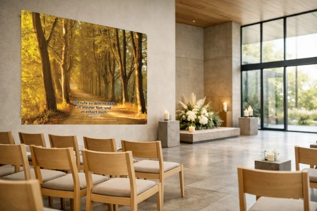 Farbiges Wandbanner mit Baumallee in sanfter Nachmittagsstimmung und Bibelvers über dem Sarg in moderner Trauerhalle