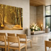 Farbiges Wandbanner mit Baumallee in sanfter Nachmittagsstimmung und Bibelvers über dem Sarg in moderner Trauerhalle