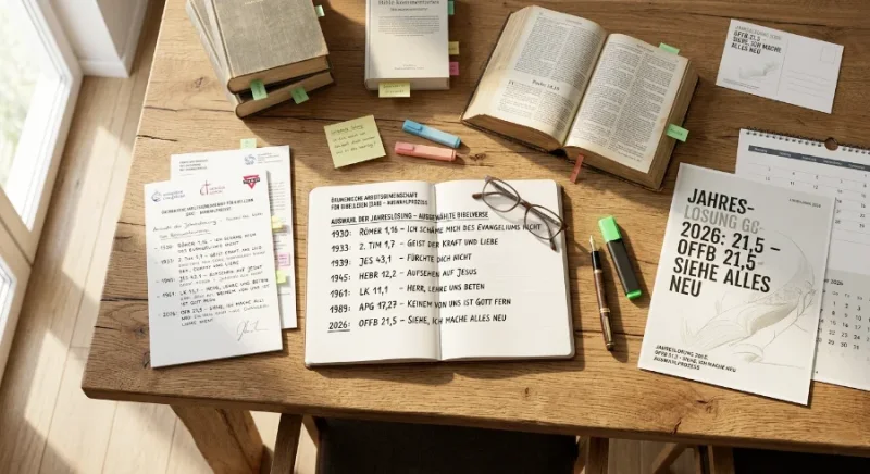 Ein heller Eichentisch aus der Vogelperspektive mit einer Bibel, Notizblöcken und Dokumenten, die den Auswahlprozess der Jahreslosung durch die ÖAB zeigen.