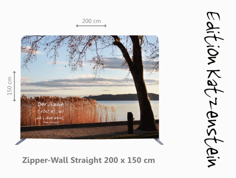 Zipper-Wall (200×150 cm) mit ruhiger Abendstimmung am Plattensee und Bibelvers – christliche Dekoration für Trauerfeiern und Bestatterbedarf