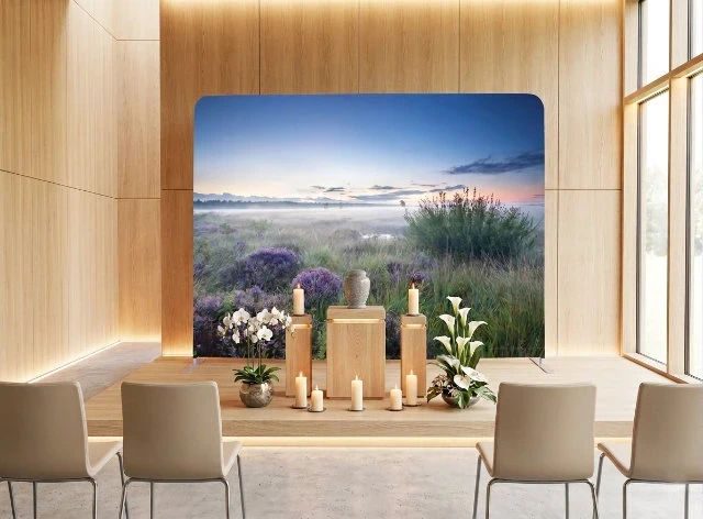 Zipper-Wall in einer Trauerhalle mit tröstlichem Motiv