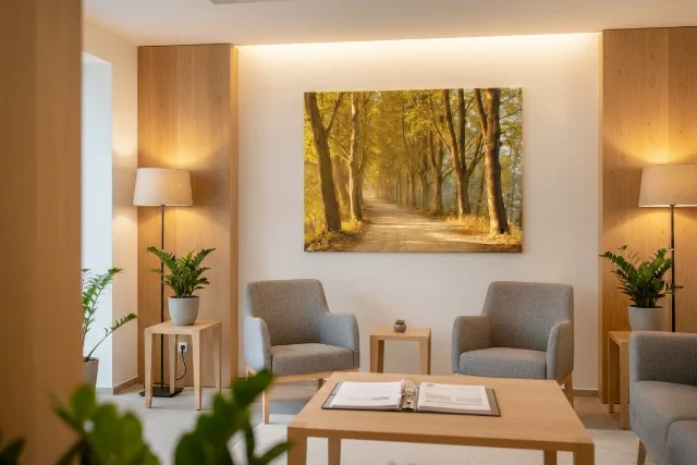 Bestatter-B&uuml;ro, Gesch&auml;ftsr&auml;ume eines Bestatters mit heller Stimmung und Bildern an den W&auml;nden!