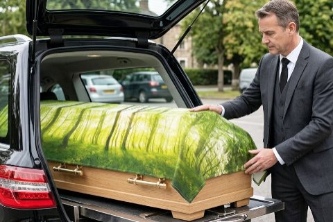 Sarg mit dekorativem Banner in hellem Natur-Motiv-Design, umgeben von Blumenarrangements in einer w&uuml;rdevollen Trauerhalle