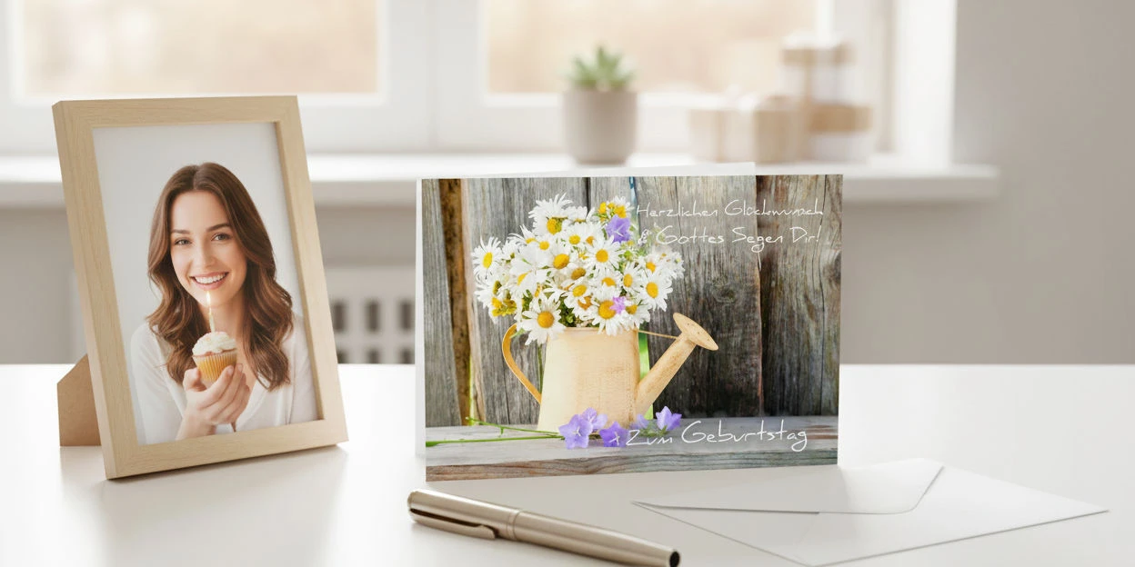 Eine christliche Geburtstagskarte aufgeklappt auf einem modernen Schreibtisch