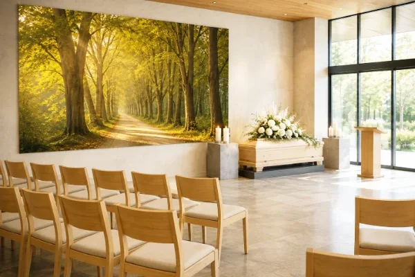 Ein Wandbanner um eine Trauerhalle edel zu dekorieren