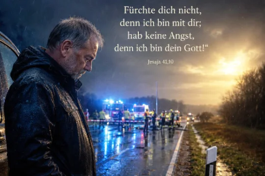 Mann im Regen auf Landstrasse, im Hnitergrund ist ein Unfall zu sehen