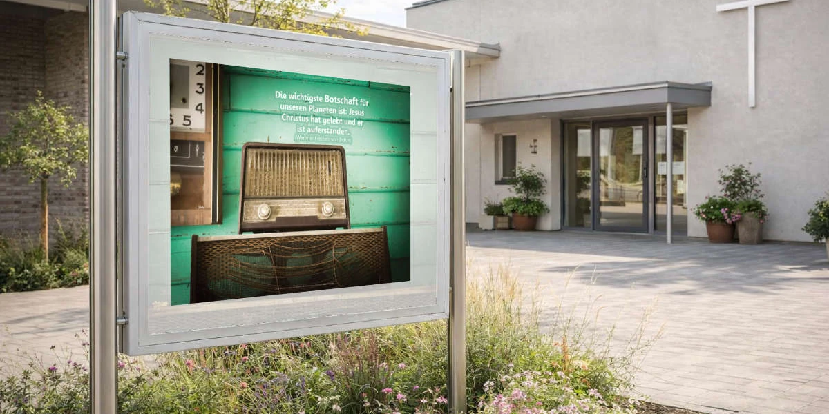 Schaukasten einer Kirche mit christlichem Plakat mit Vintage-Motiv