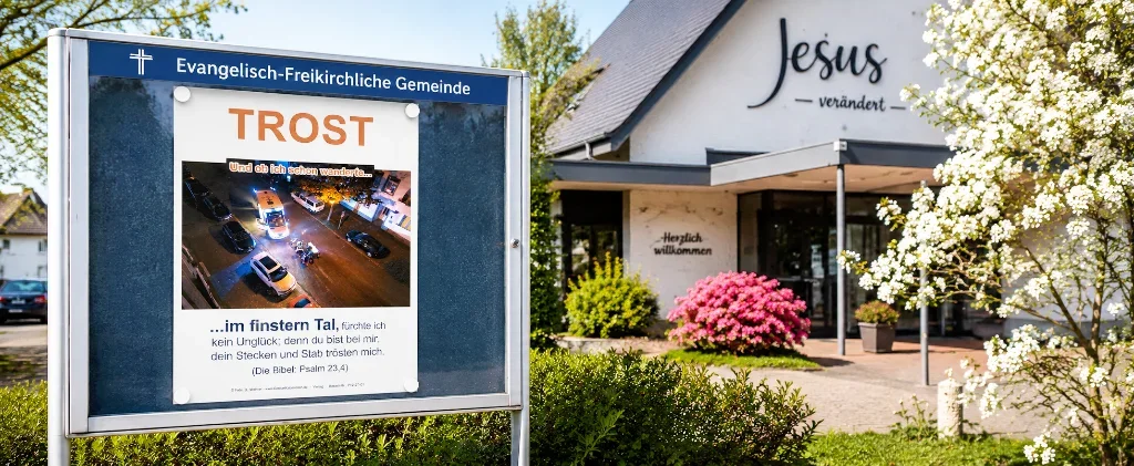 Hyperrealistische 22:9-Panoramaszene eines modernen Gemeindeschaukastens vor einer evangelisch-freikirchlichen Gemeinde in Deutschland mit dem christlichen DIN-A2-Poster &bdquo;Trost&ldquo; und Psalm 23,4.